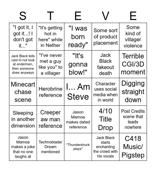 Minecraft Movie Bingo Card Bingo Card