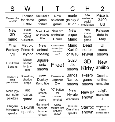 Switch 2 Direct Predictions Bingo Card
