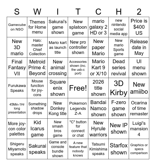 Switch 2 Direct Predictions Bingo Card