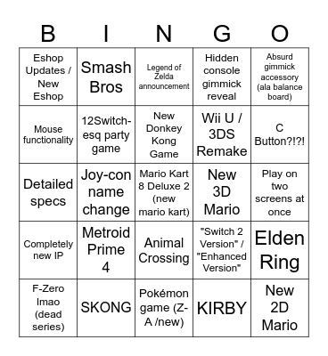 Switch 2 Direct Bingo Card