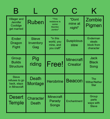 Minecraft Movie Bingo Card