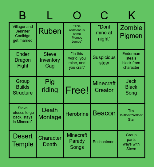Minecraft Movie Bingo Card