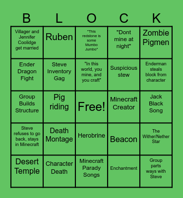Minecraft Movie Bingo Card