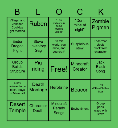 Minecraft Movie Bingo Card