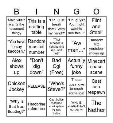 Minecraft Movie Bingo Card