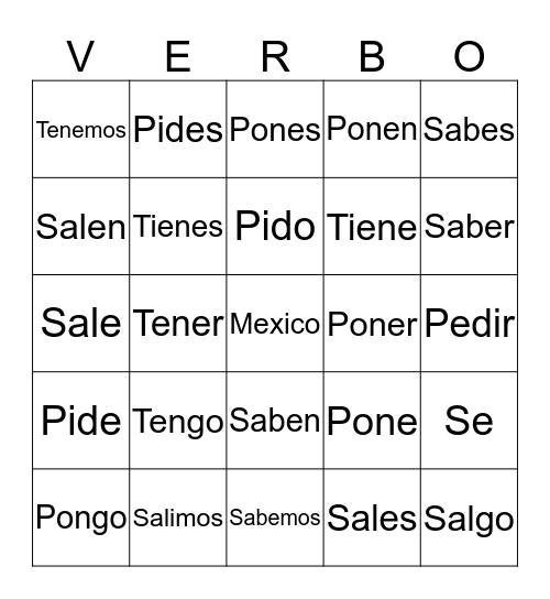 Verbos Bingo Card