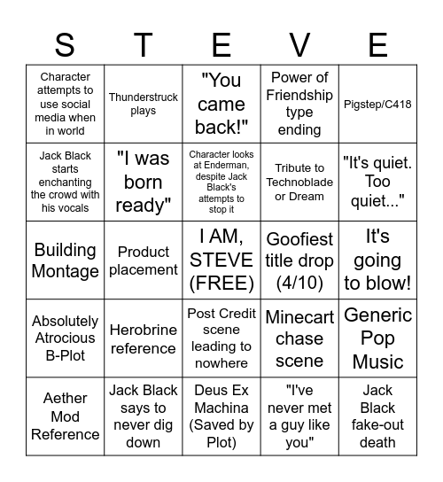 MINECRAFT MOVIE BINGO Card