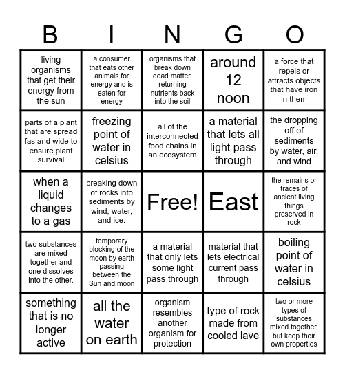 Science Review Vocabulary 1 Bingo Card