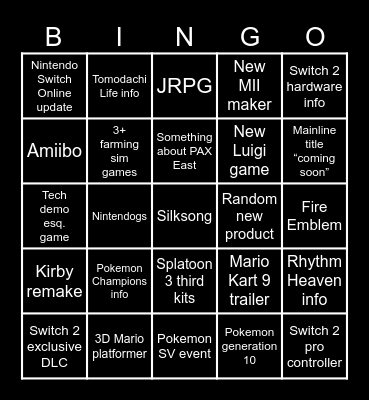 Nintendo Switch 2 Direct Bingo Card