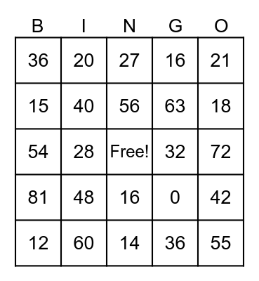 Multiplication Bingo Card