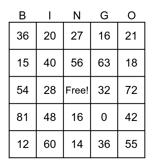 Multiplication Bingo Card