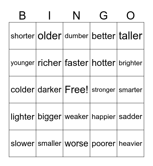 Comparatives Bingo Card
