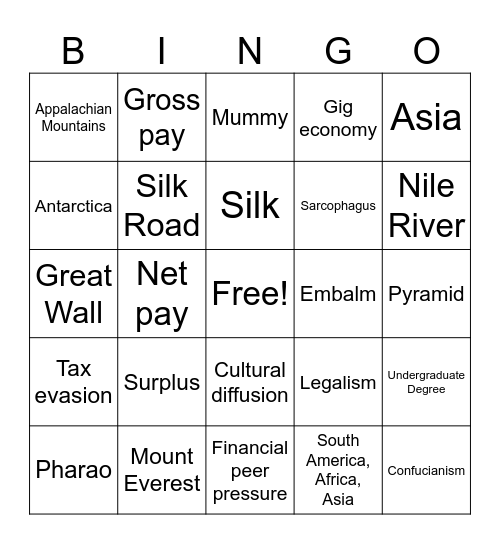 Social Studies Bingo Card