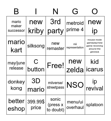 nintendo switch 2 bingo Card