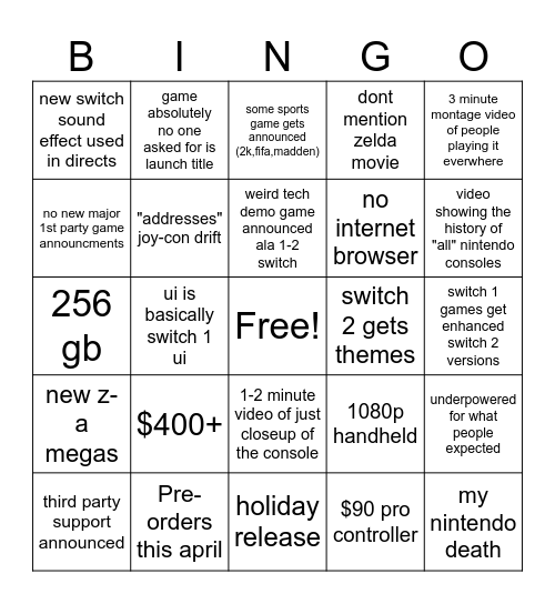 switch 2 direct predictions Bingo Card