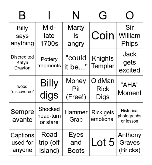Curse of Oak Island Bingo Card