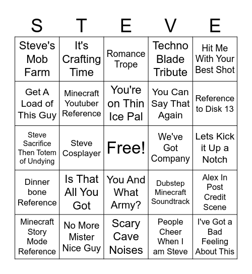 Minecraft Movie Bingo Card