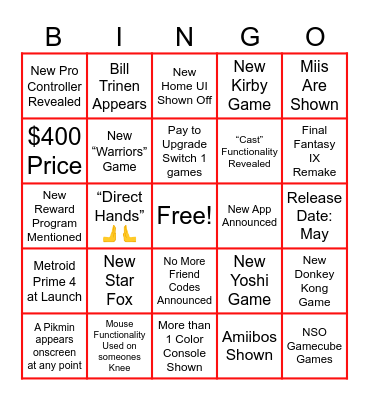 Nintendo Switch 2 Direct Bingo Card