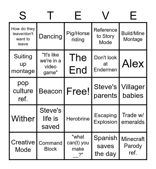 A Minecraft Movie Bingo Card