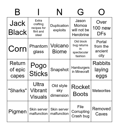 Minecraft April Fools Bingo Card