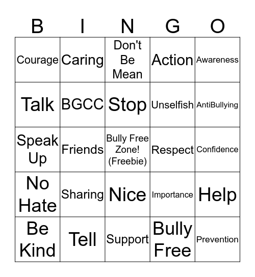 Anti Bully Bingo Card