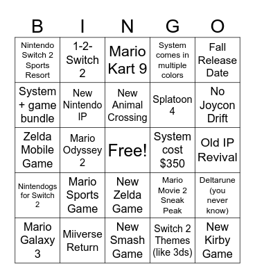 Switch 2 Nintendo Direct Bingo Card