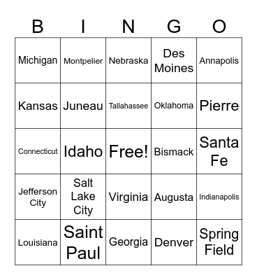 U.S.A. States and Capitals Bingo Card