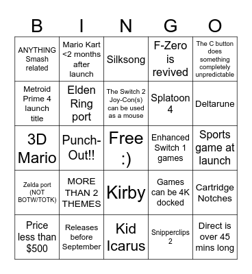 Nintendo Switch 2 Reveal BINGO Card