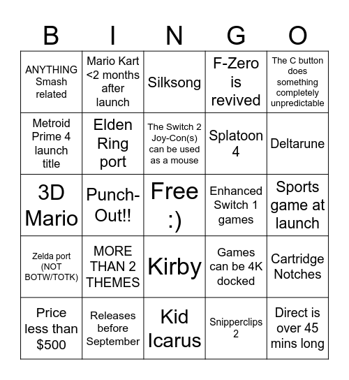 Nintendo Switch 2 Reveal BINGO Card
