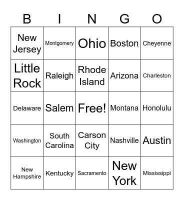 U.S.A. States and Capitals Bingo Card
