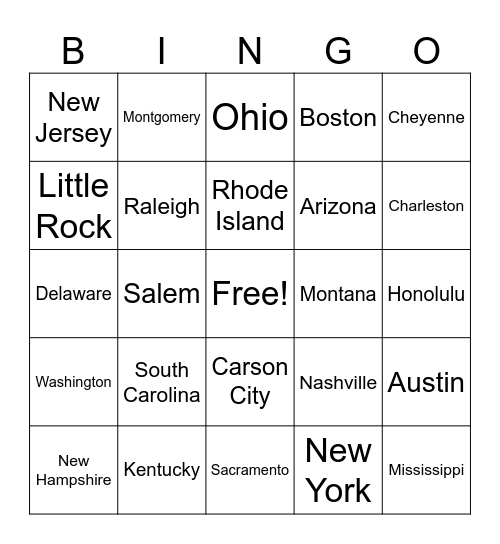 U.S.A. States and Capitals Bingo Card