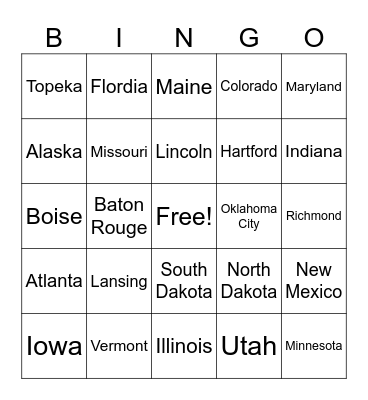 U.S.A. States and Capitals Bingo Card
