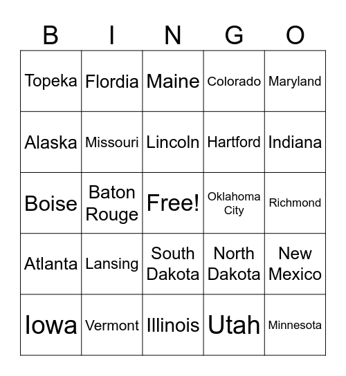 U.S.A. States and Capitals Bingo Card