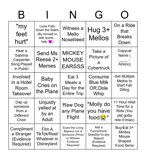 The ✨Mello-Aires✨ California Trip Bingo Card Bingo Card