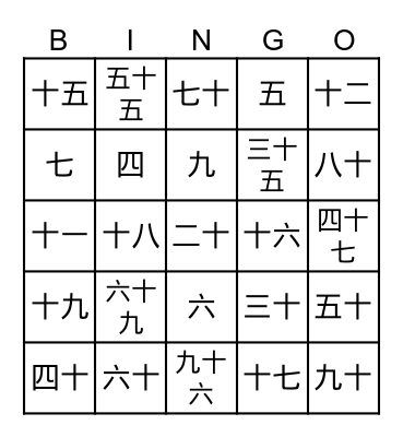 Chinese number Bingo Card