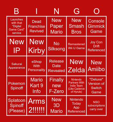 Nintendo Switch 2 Direct Bingo Card