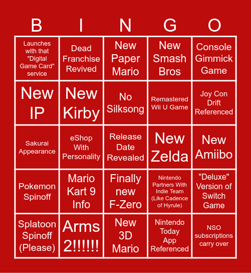 Nintendo Switch 2 Direct Bingo Card
