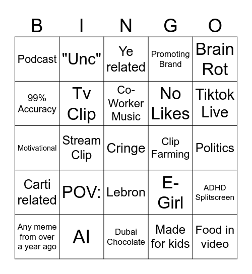 Tiktok Bingo Board Bingo Card