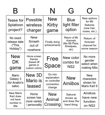 Nintendo Switch 2 Direct 4/2/25 Bingo Card