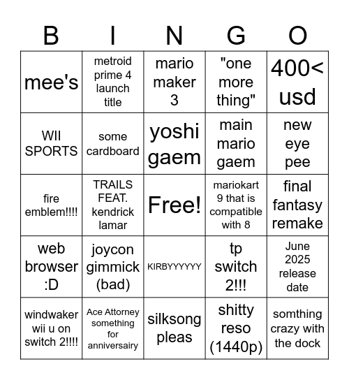 SWITCH 2 ELECTRIC BOOGALOO Bingo Card