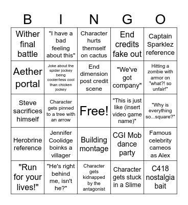 Minecraft Movie Bingo Card