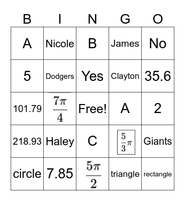 Test 5 Review Bingo Card