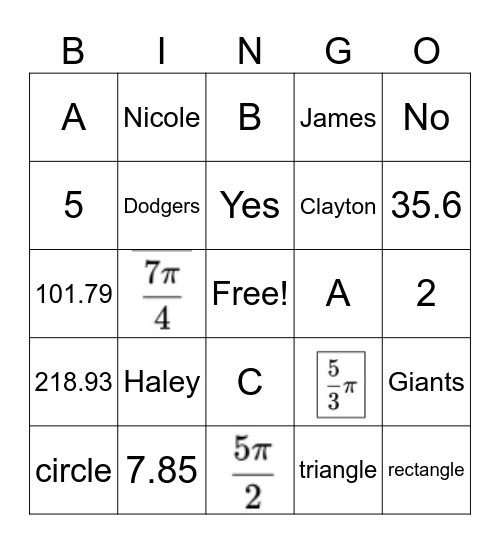Test 5 Review Bingo Card