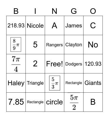 Test 5 Review Bingo Card