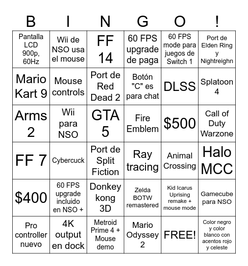 Switch 2 Bingo Card