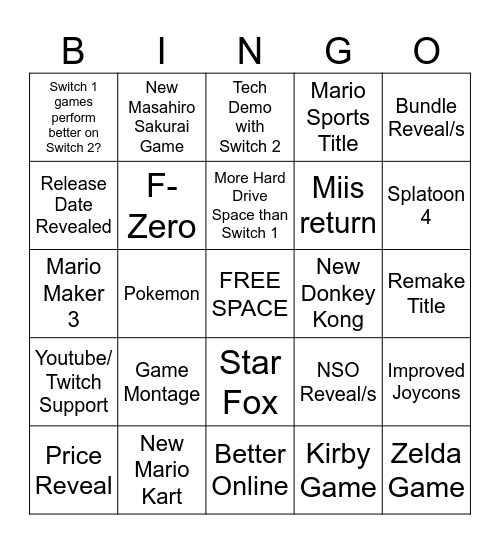 SWITCH 2 DIRECT Bingo Card