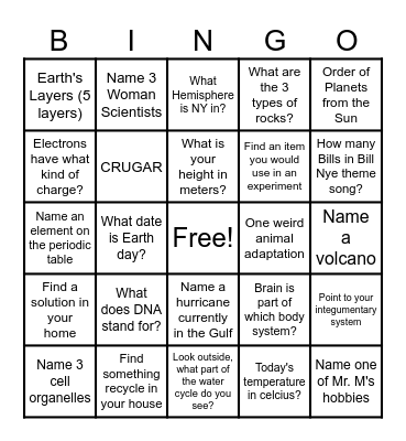 Science BINGO Card