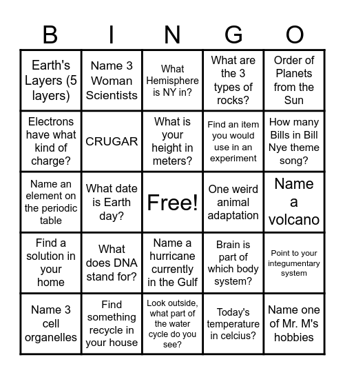 Science BINGO Card