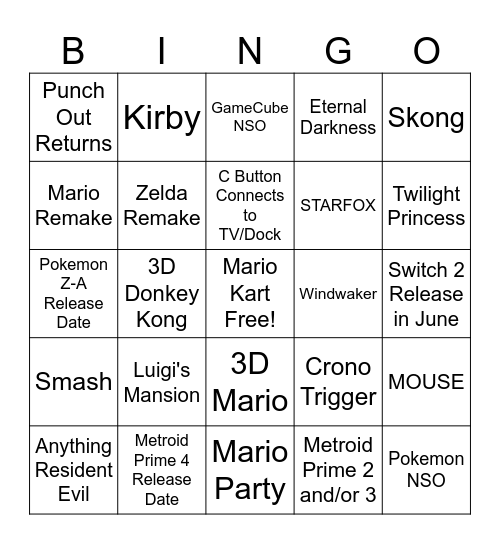 Nintendo Switch 2 Direct Bingo Card