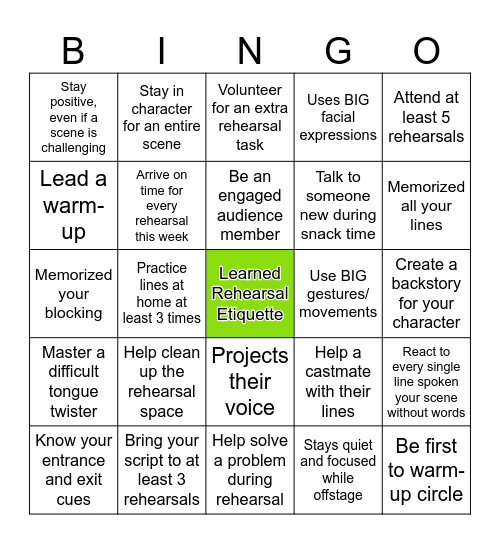 Drama Workshop Bingo Card